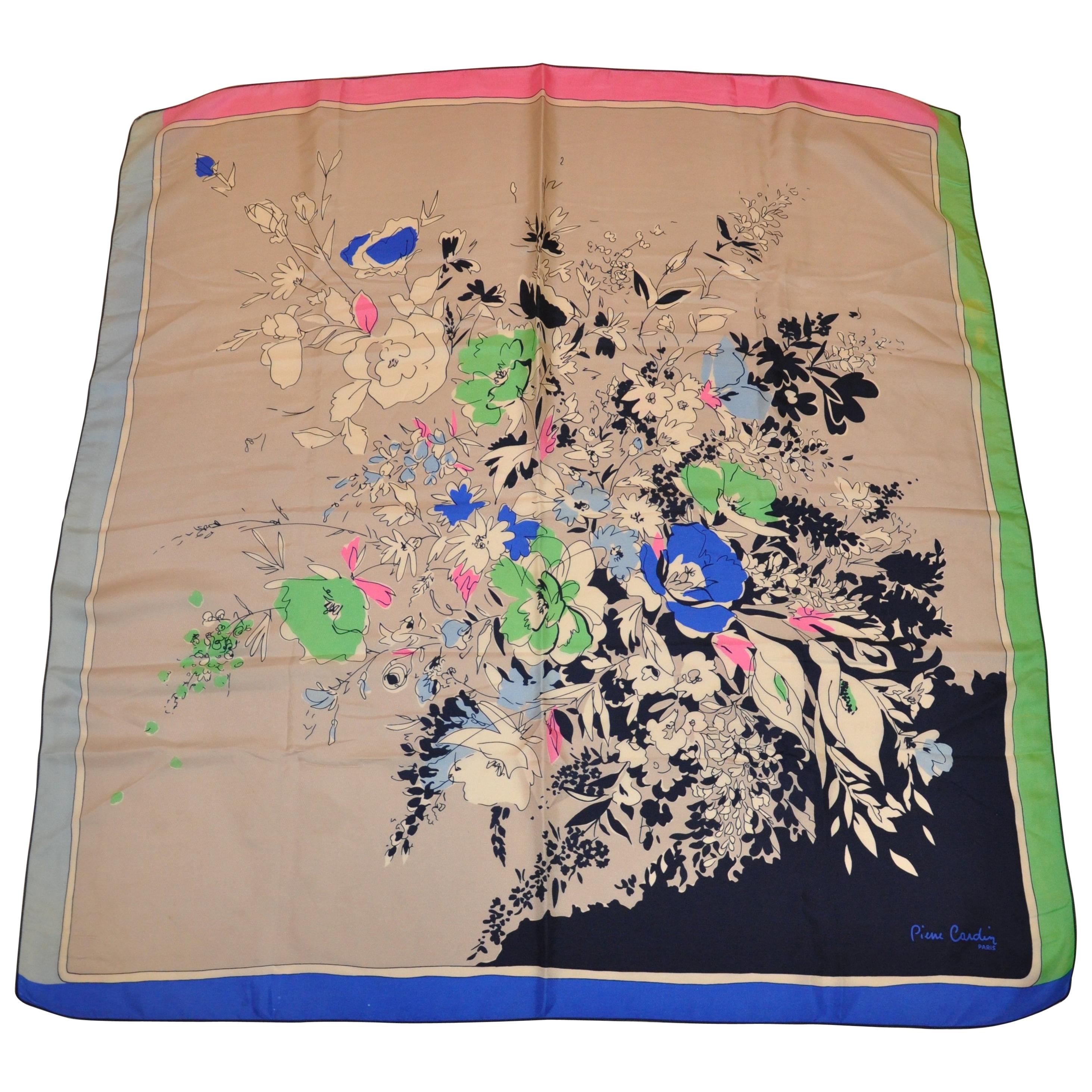 Rare Pierre Cardin Whimsical Multi-Color "Boutique of Florals" Silk Scarf For Sale