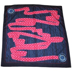 Byzance - Écharpe en soie rose et fuchsia « Ribbon » avec bordure bleu nuit