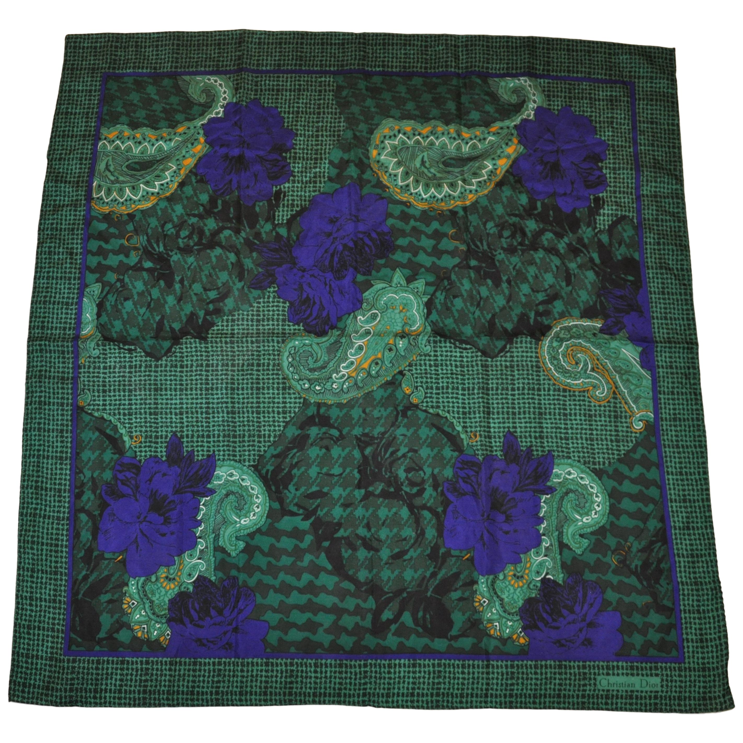 Christian Dior "Autumn Green Hues Violet Floral & Palsey" Silk Scarf For Sale