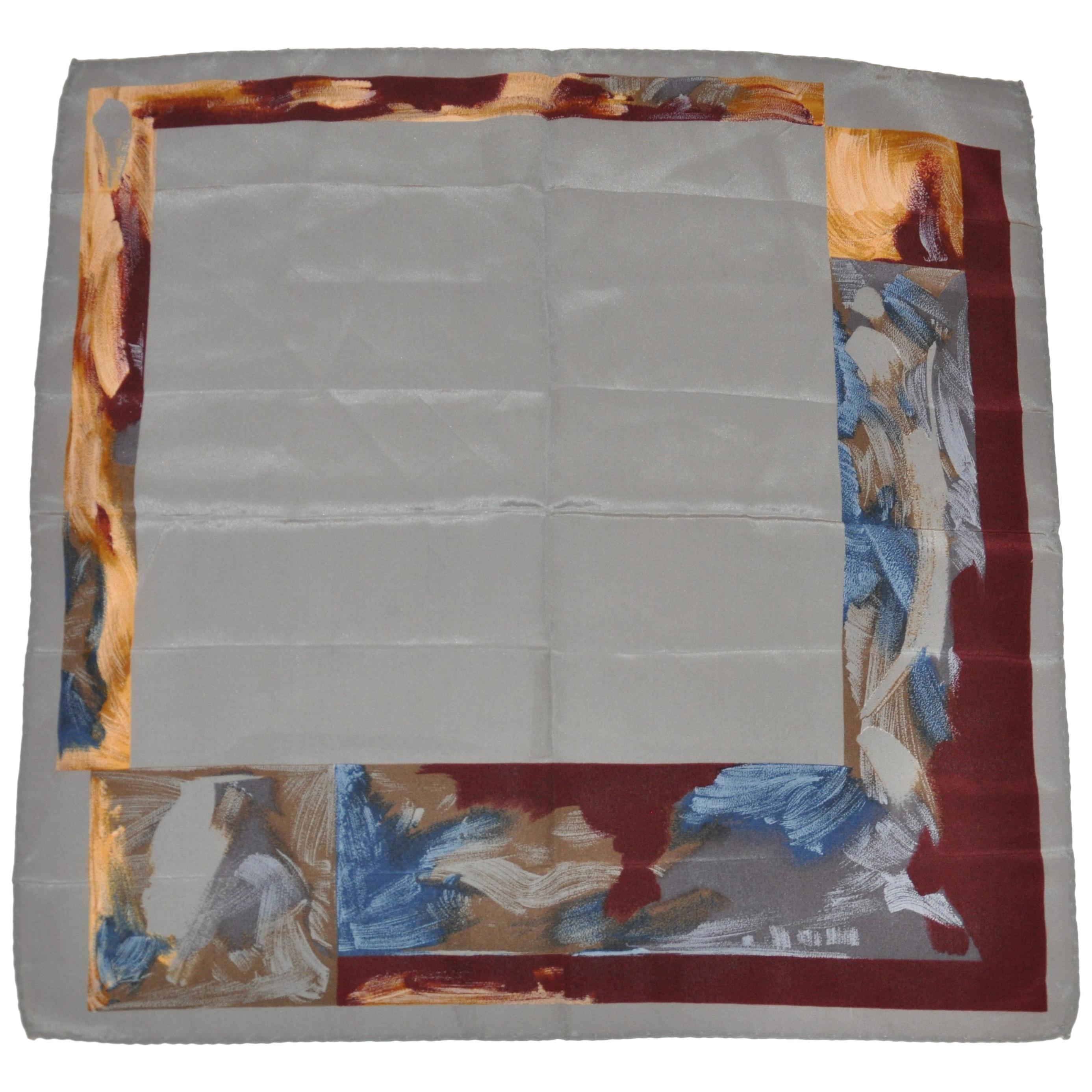 Deep Gray with Multi-Color "Brush Strokes Border" Silk Handkerchief For Sale