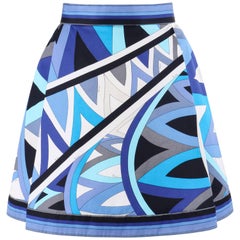 EMILIO PUCCI c.1969 "Arcate" Signature Print Blue Op Art Cotton Pleated Skirt