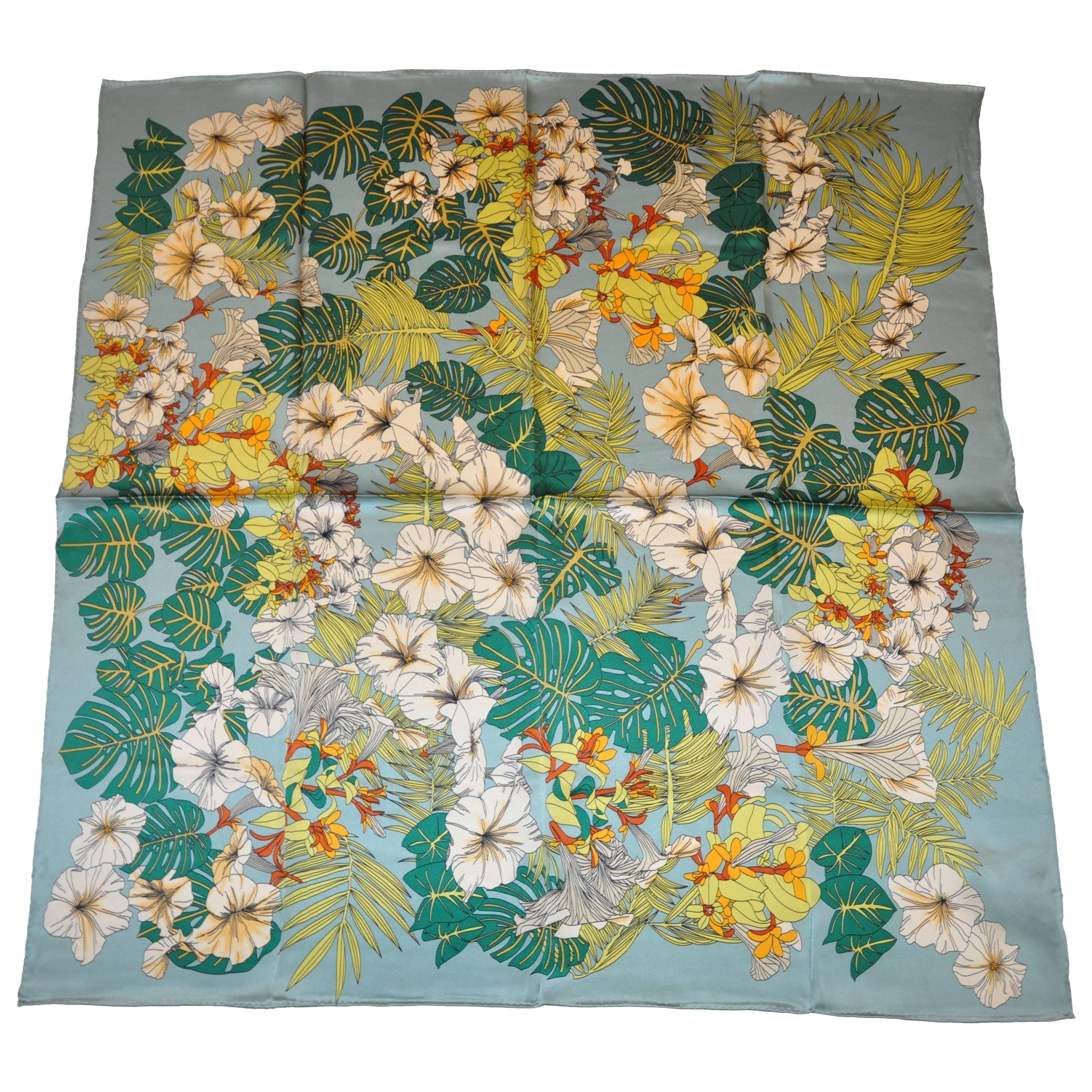 Shades of Green & Multi Color Floral Silk Scarf For Sale