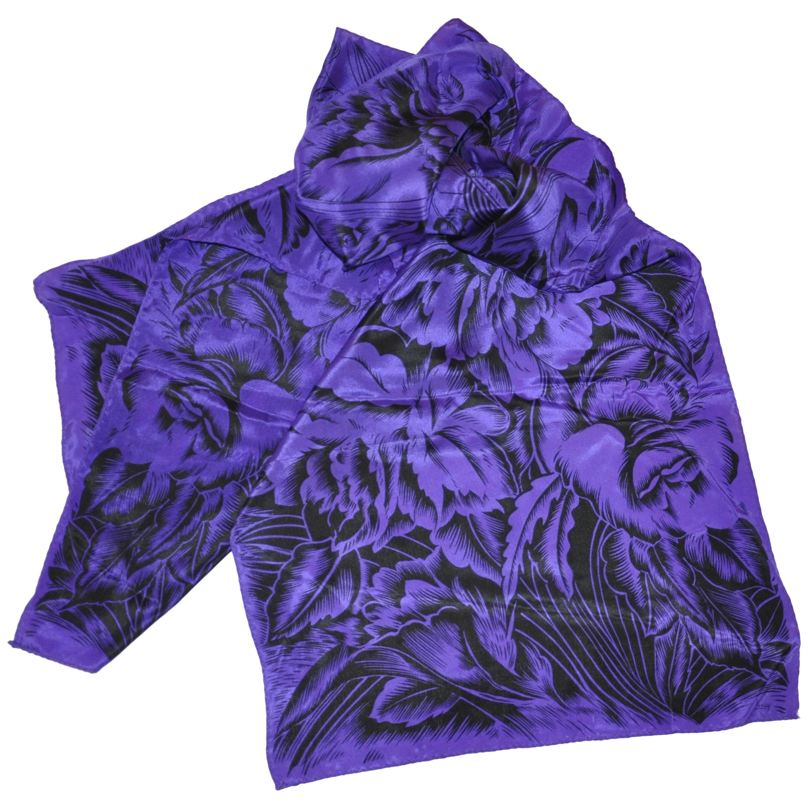 Honey Rich Violet and Black Bursting Floral Silk Scarf For Sale
