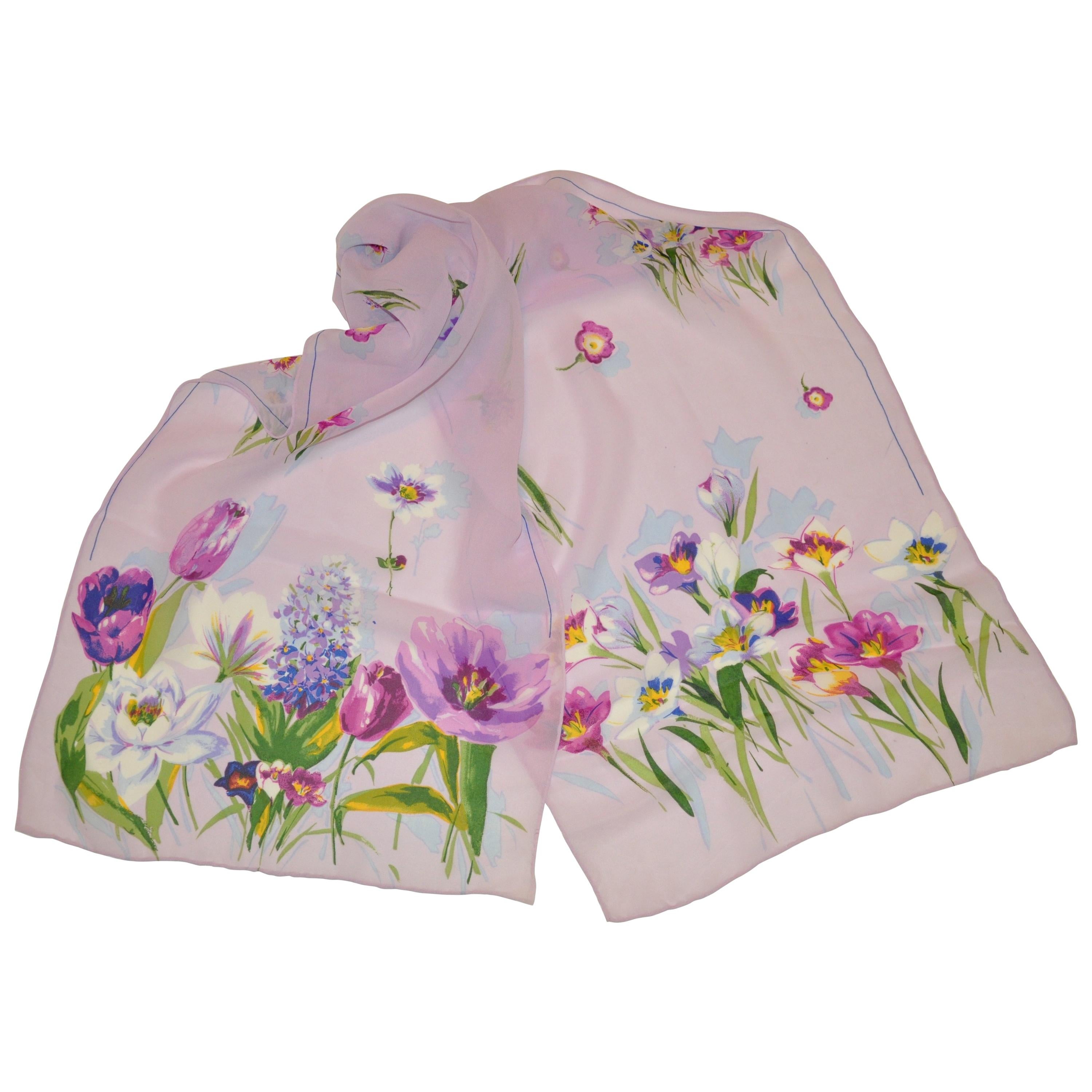 Beautiful Lavender with Multi-Color Delicate Florals Silk Chiffon Scarf For Sale