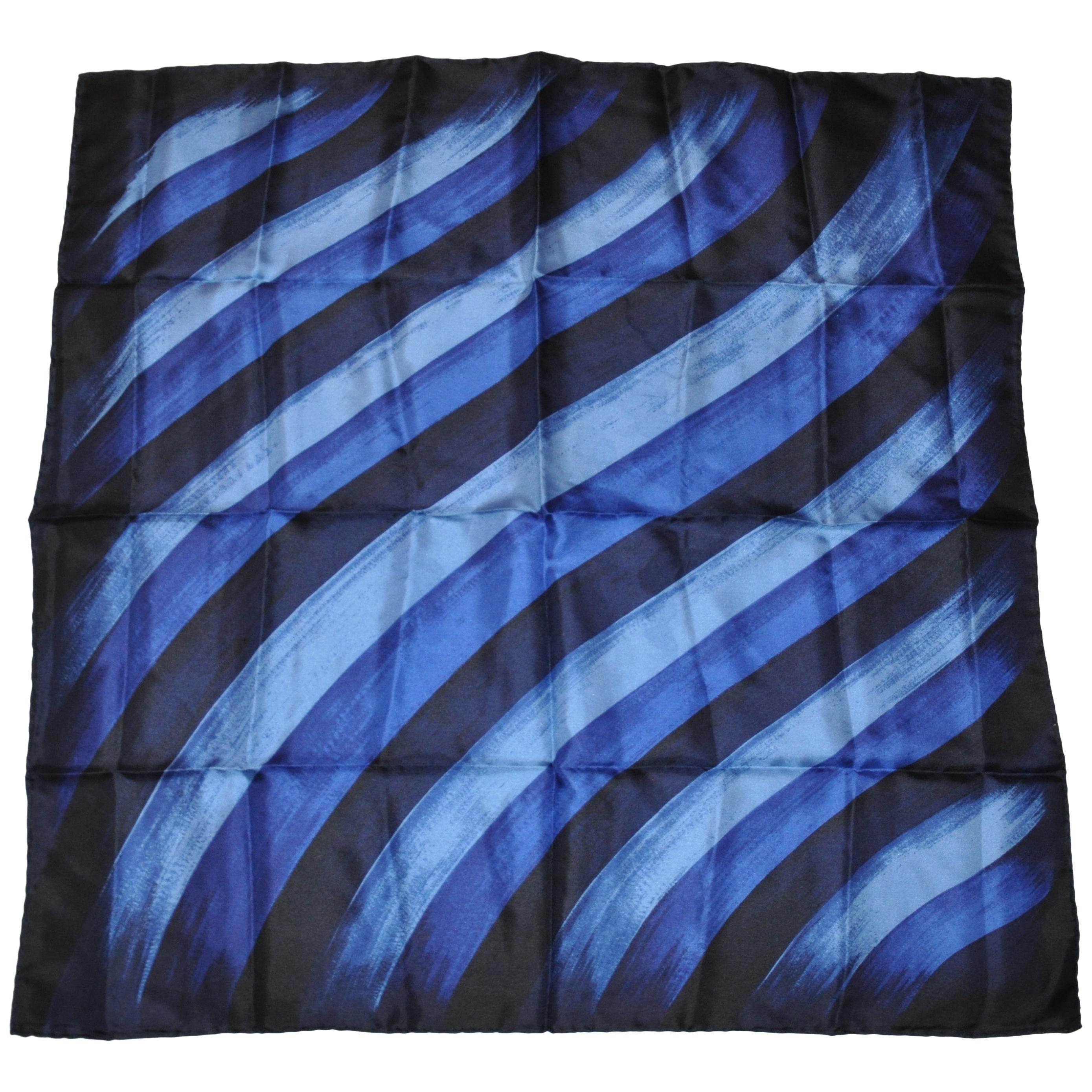 Shades of Blues & Black "Brush Strokes" Silk Scarf with Hand-Rolled Edges For Sale