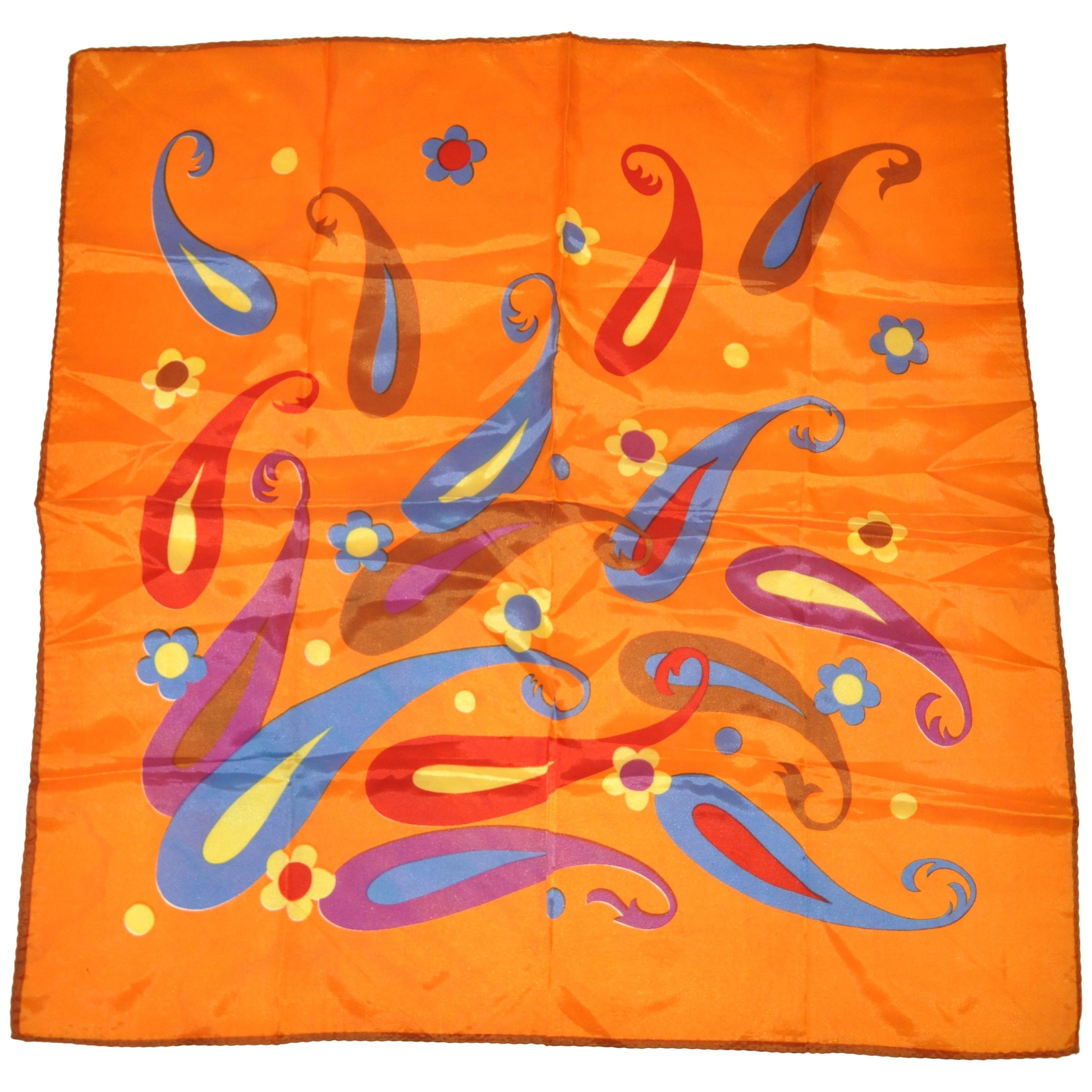 Beautifully Bold Tangerine Whimsical Multi-Color Palsey Scarf For Sale