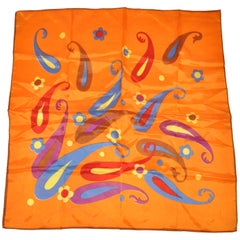 Vintage Beautifully Bold Tangerine Whimsical Multi-Color Palsey Scarf
