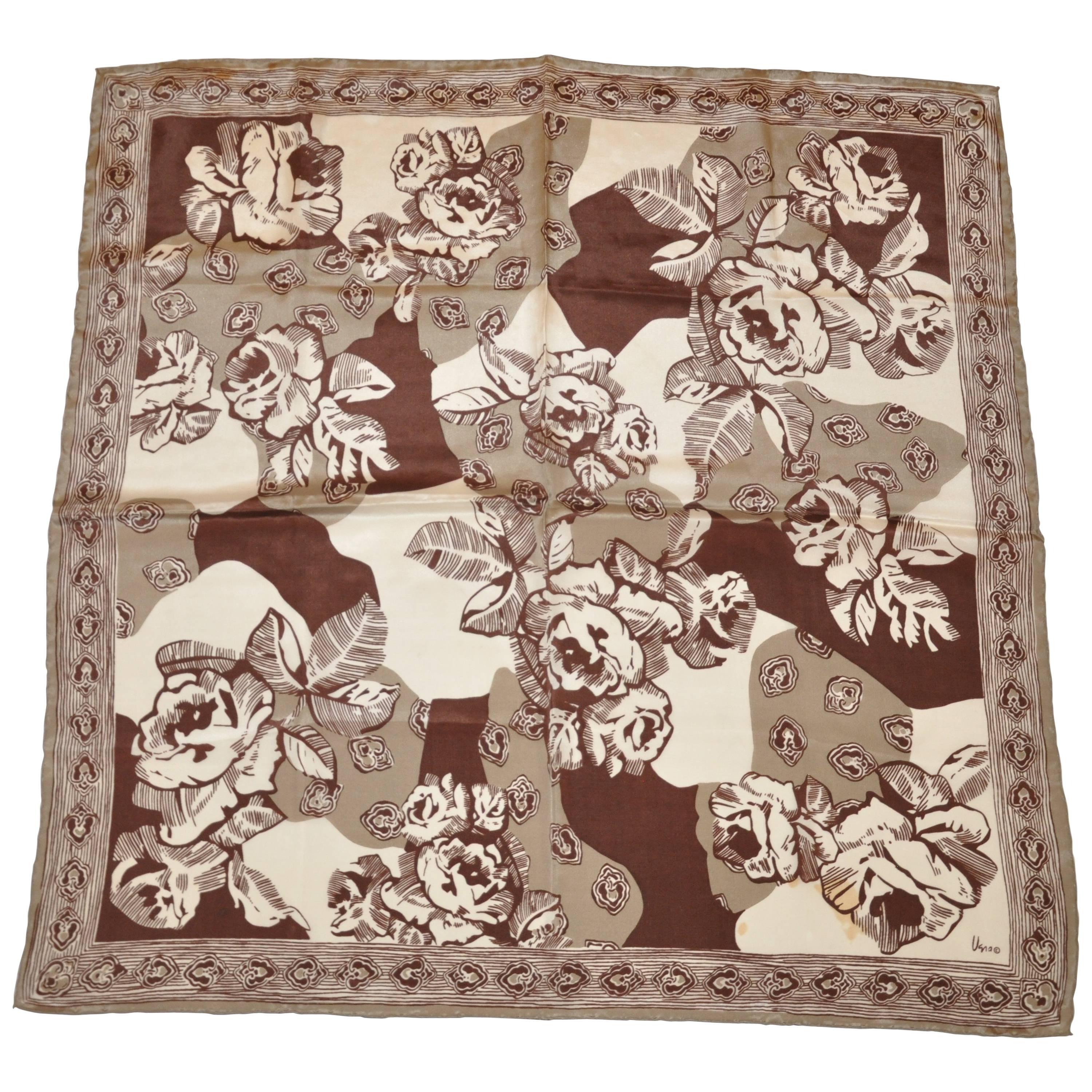 Vera Shades of Browns & Taupe "Large Florals" Silk Scarf with Hand-Rolled Edges For Sale