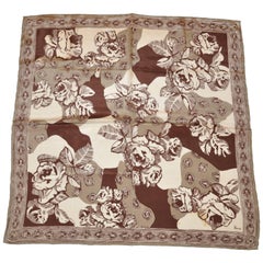 Vintage Vera Shades of Browns & Taupe "Large Florals" Silk Scarf with Hand-Rolled Edges