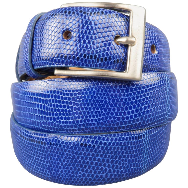 Men's LARUSMIANI Size 38 Royal Blue Lizard Leather Silver Buckle Dress