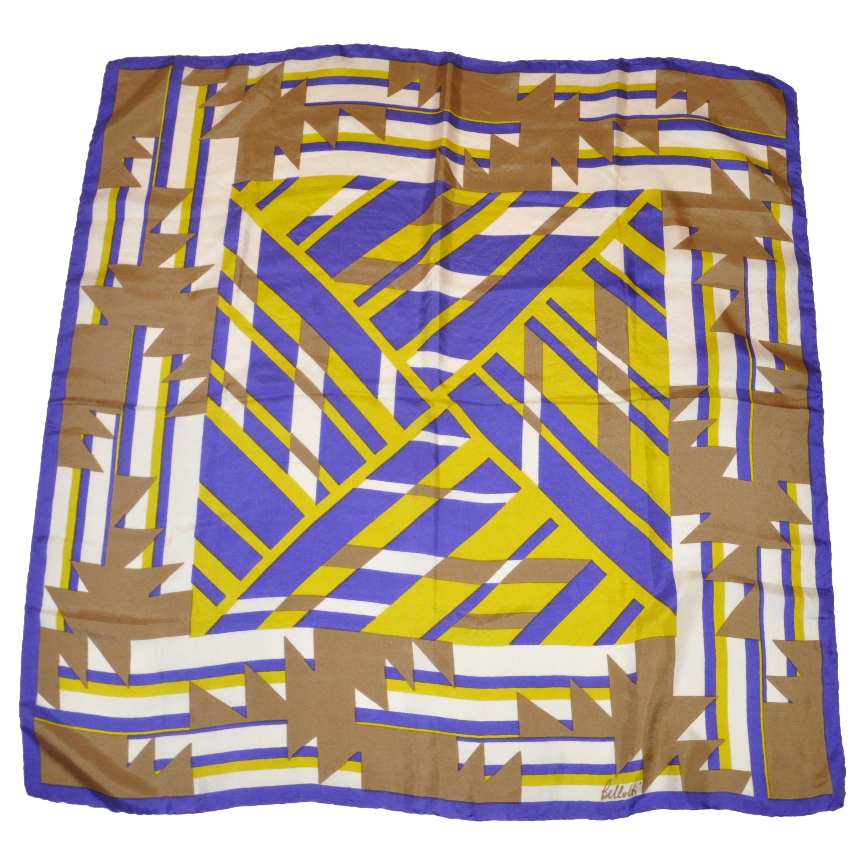 Bellolti Neon Green, Violet & Taupe Bold Abstract Silk Scarf For Sale