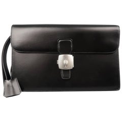 DUNHILL Black Leather Silver Lock Wristlet Clutch