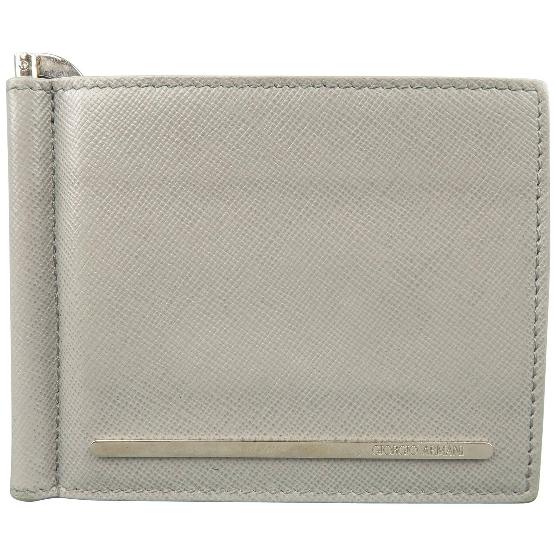 Giorgio Armani Men's Light Gray Textured Leather Money Clip Bifold Wallet
