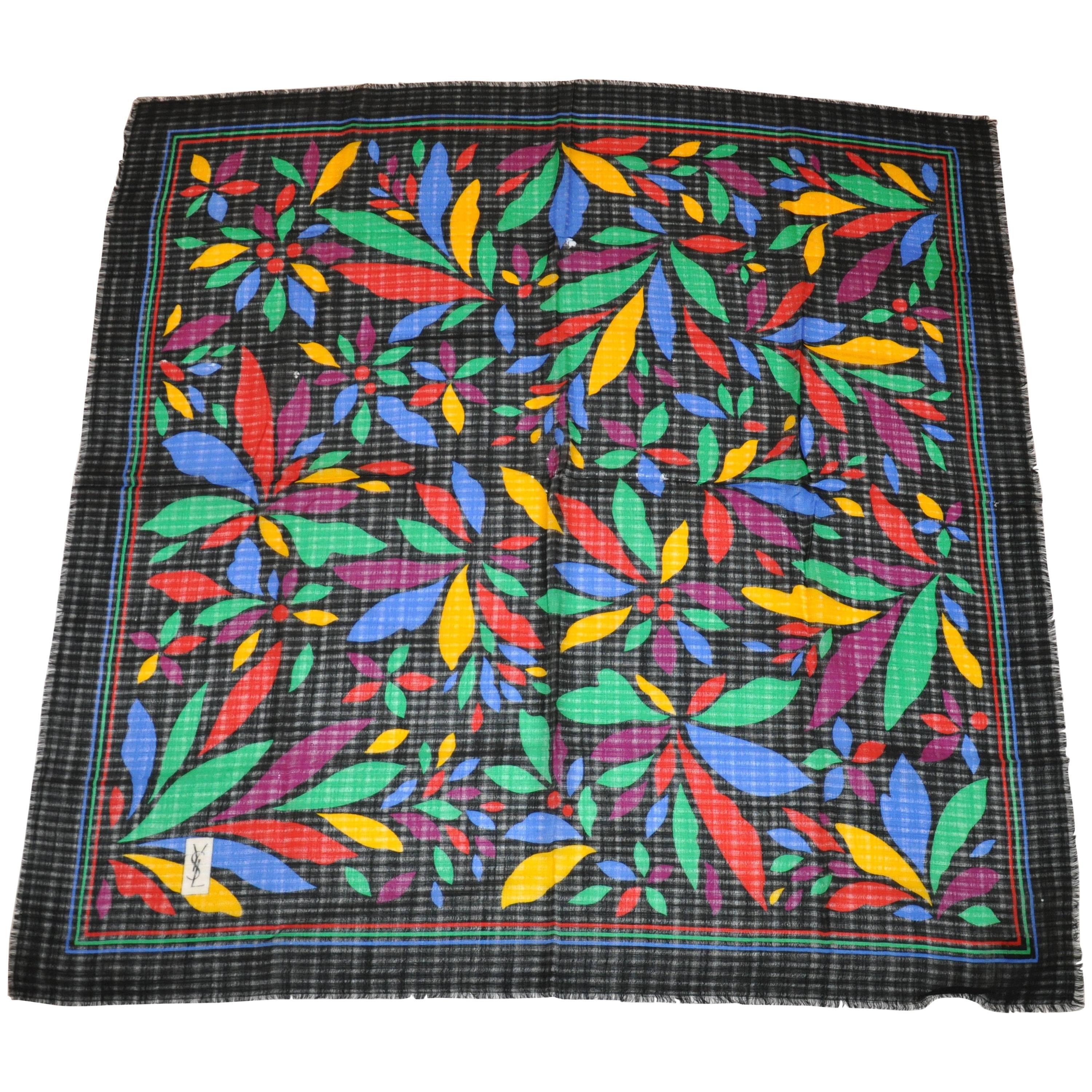 Yves Saint Laurent Black with Multi Color Block Floral Wool Challis Fringe Scarf For Sale