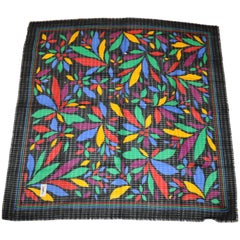 Yves Saint Laurent Black with Multi Color Block Floral Wool Challis Fringe Scarf