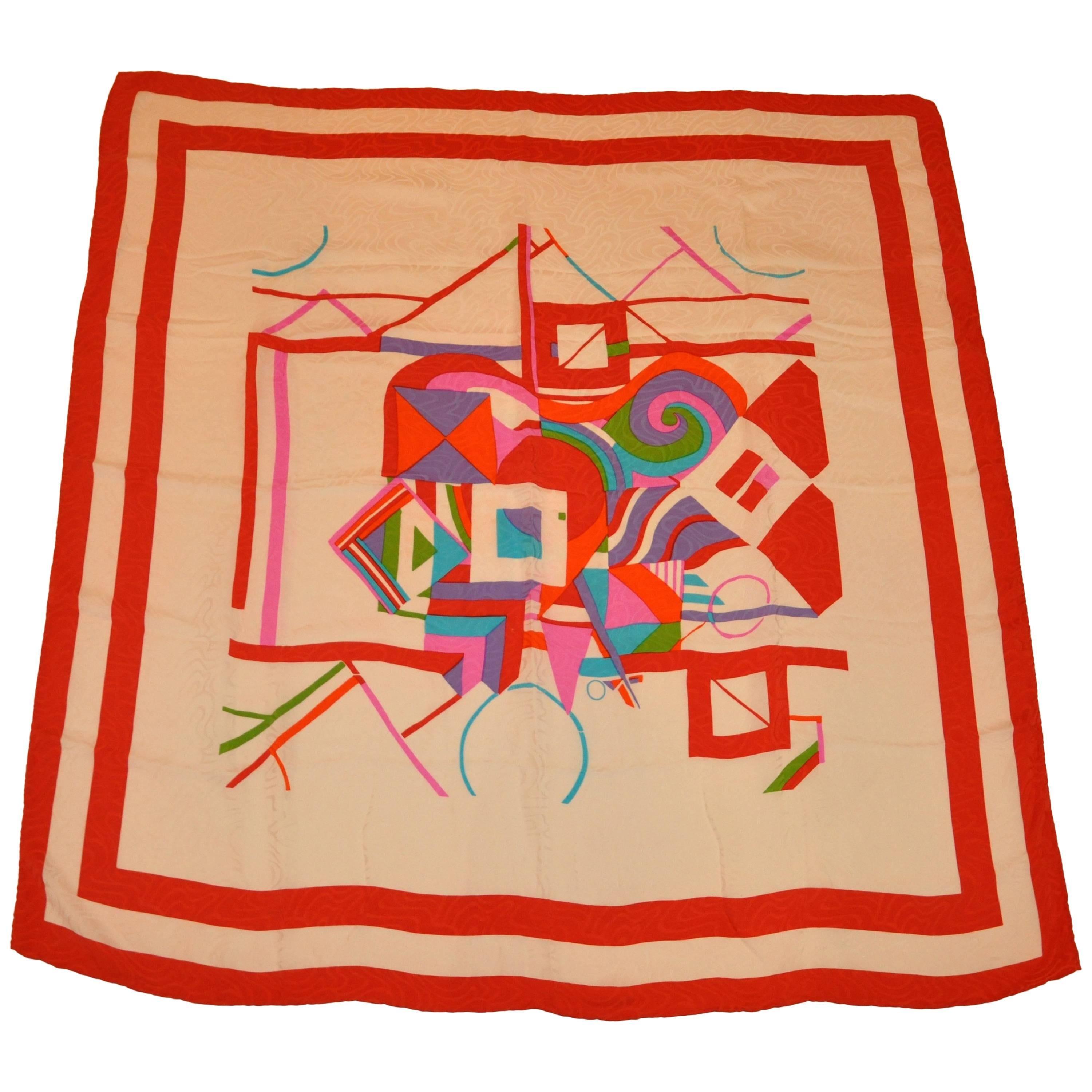 Large Ivory & Autumn Red & "Multi Shapes & Abstract" Silk Crepe Di Chine Scarf For Sale