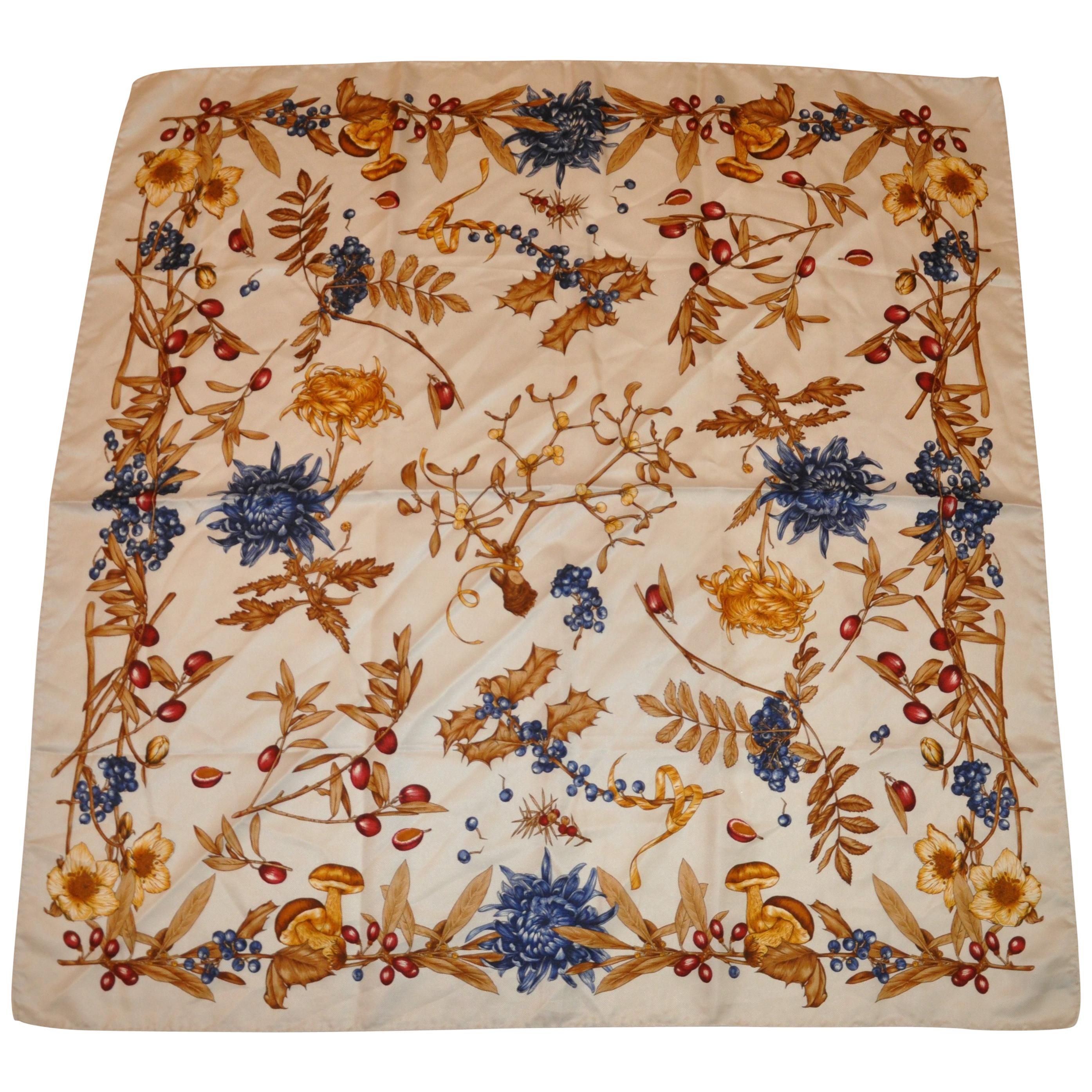 Ivory with Multi-Color "Winter Foliage" Silk Jacquard Scarf For Sale