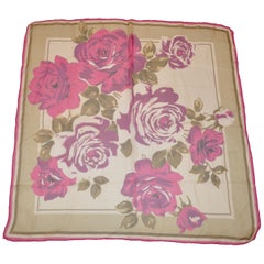 Vintage Fuchsia Borders "Bouquet of Roses" Silk Chiffon Scarf