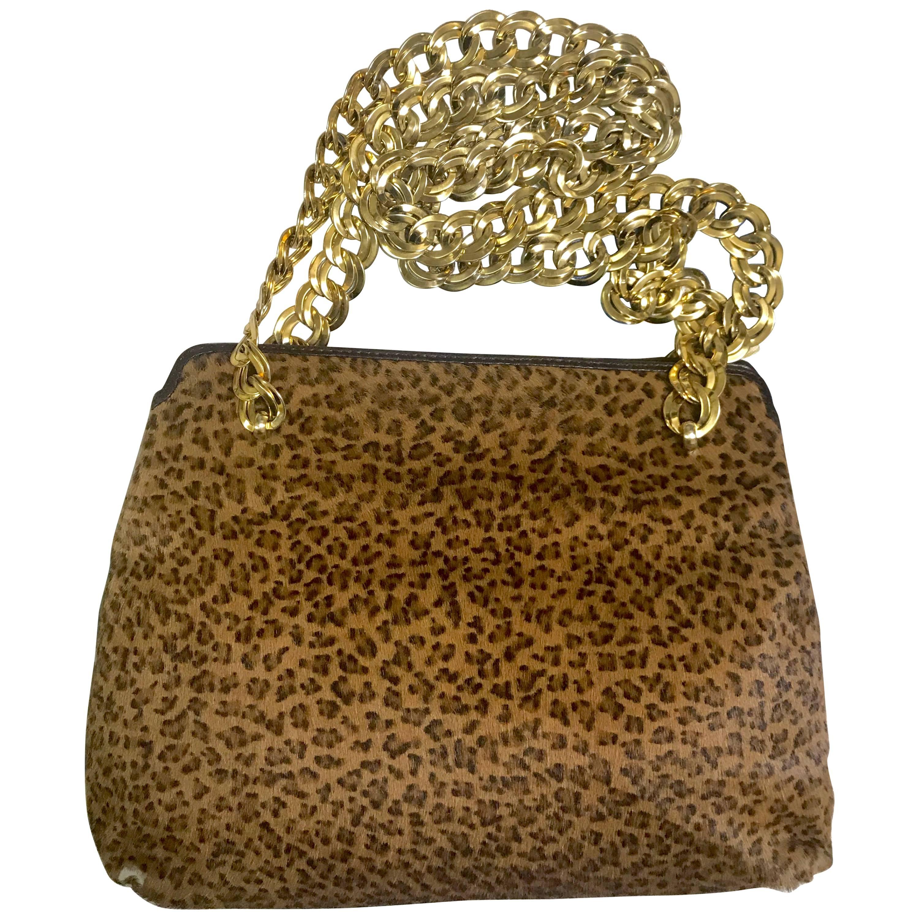 Vintage Bottega Veneta leopard printed genuine fur leather shoulder bag. For Sale