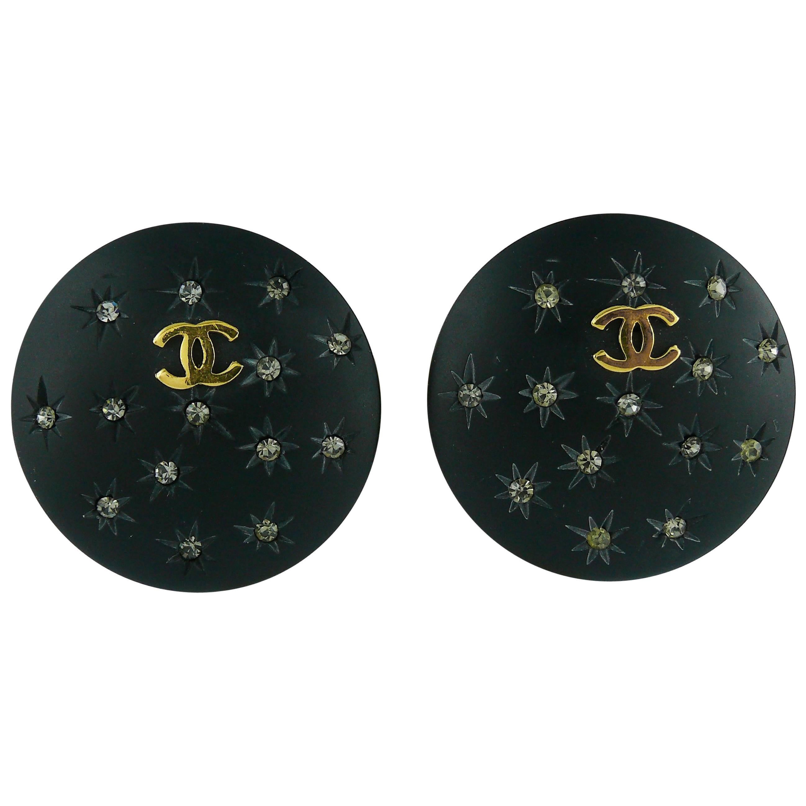 Chanel Vintage Large Black Celestial Clip-On Earrings, 1991 