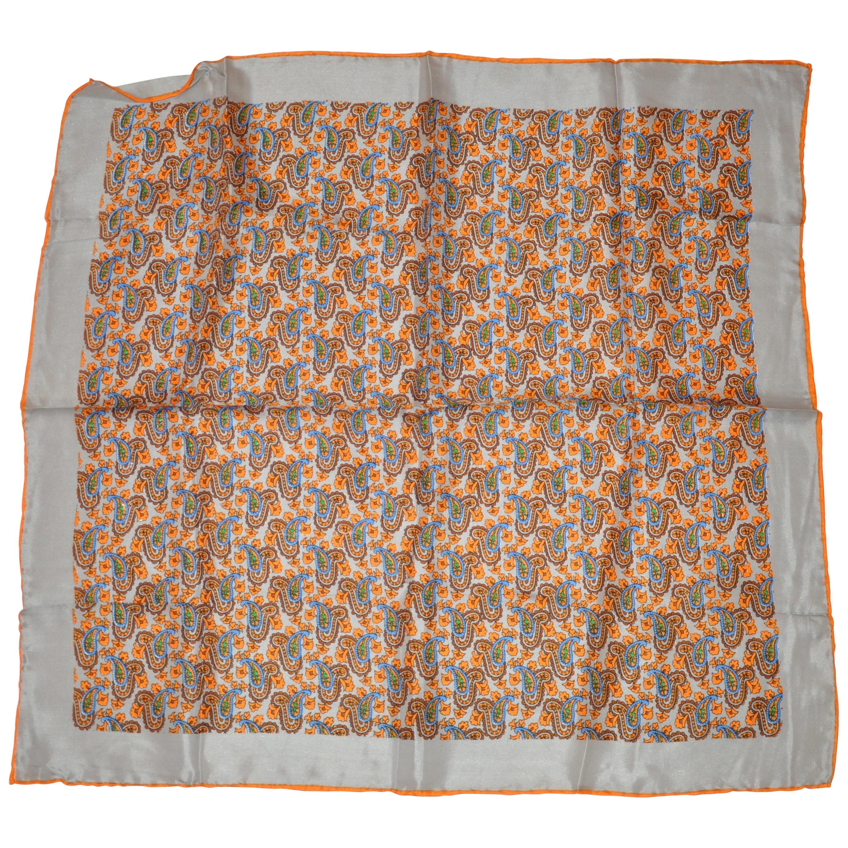 Gray Border with Tangerine Hand-Rolled Edges Multi-Color Palsey Silk Scarf For Sale