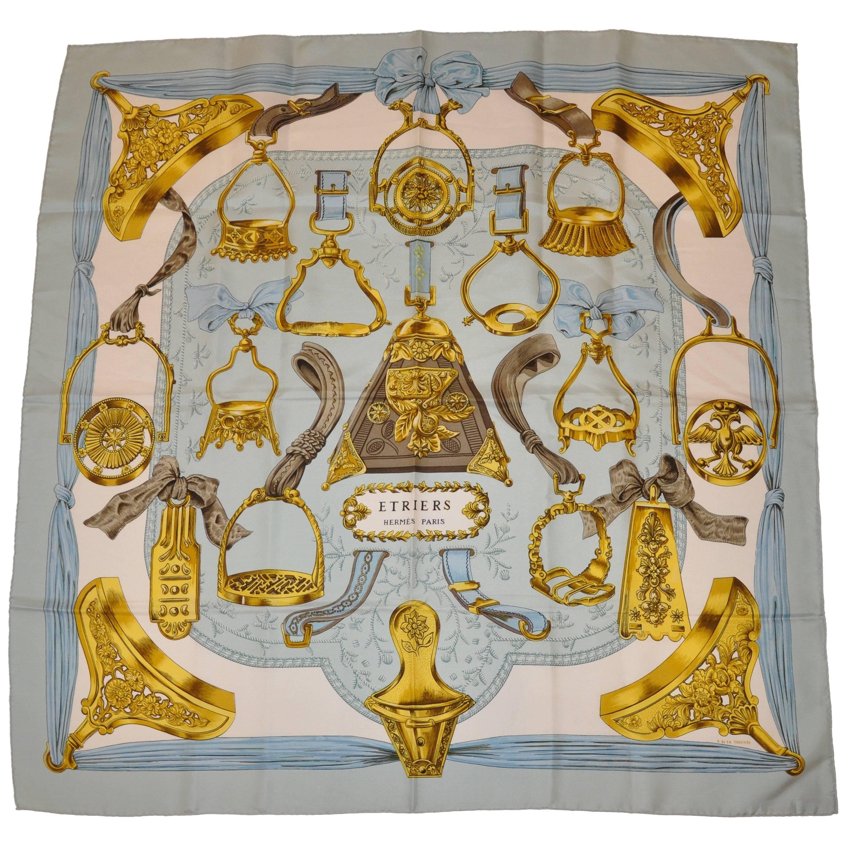 Hermes De La Perriere "Imperial Blue with Gold" Silk Jacquard Scarf For Sale