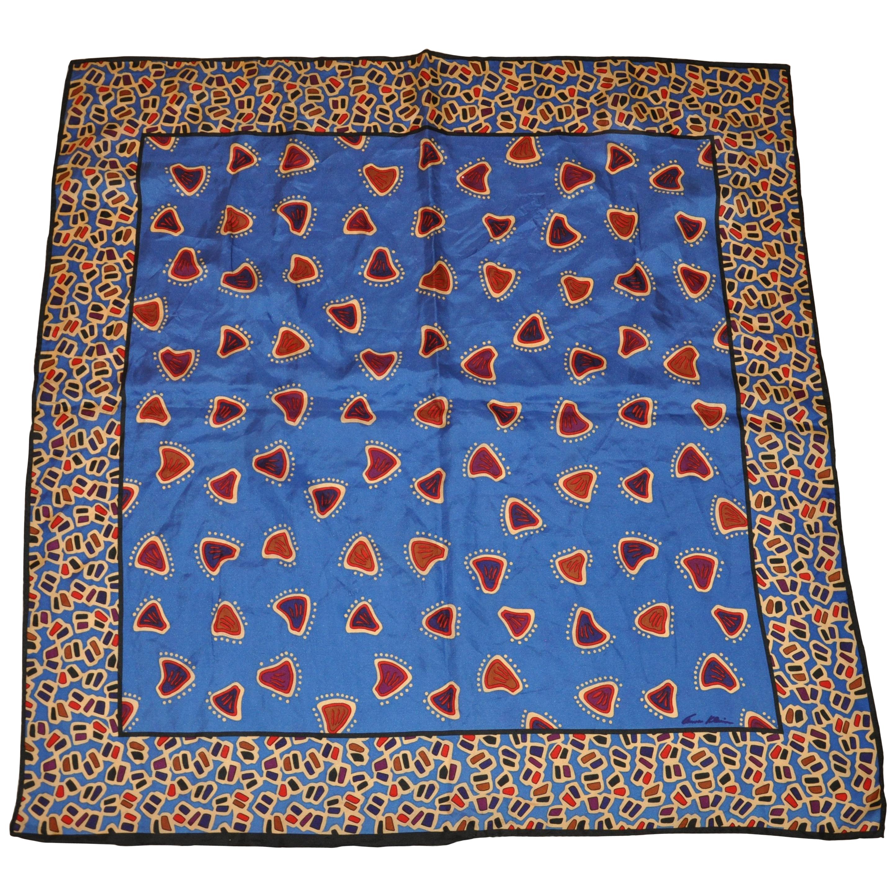  Blauer & goldener abstrakter Seidenjacquard-Schal mit mehrfarbigen Mustern im Angebot