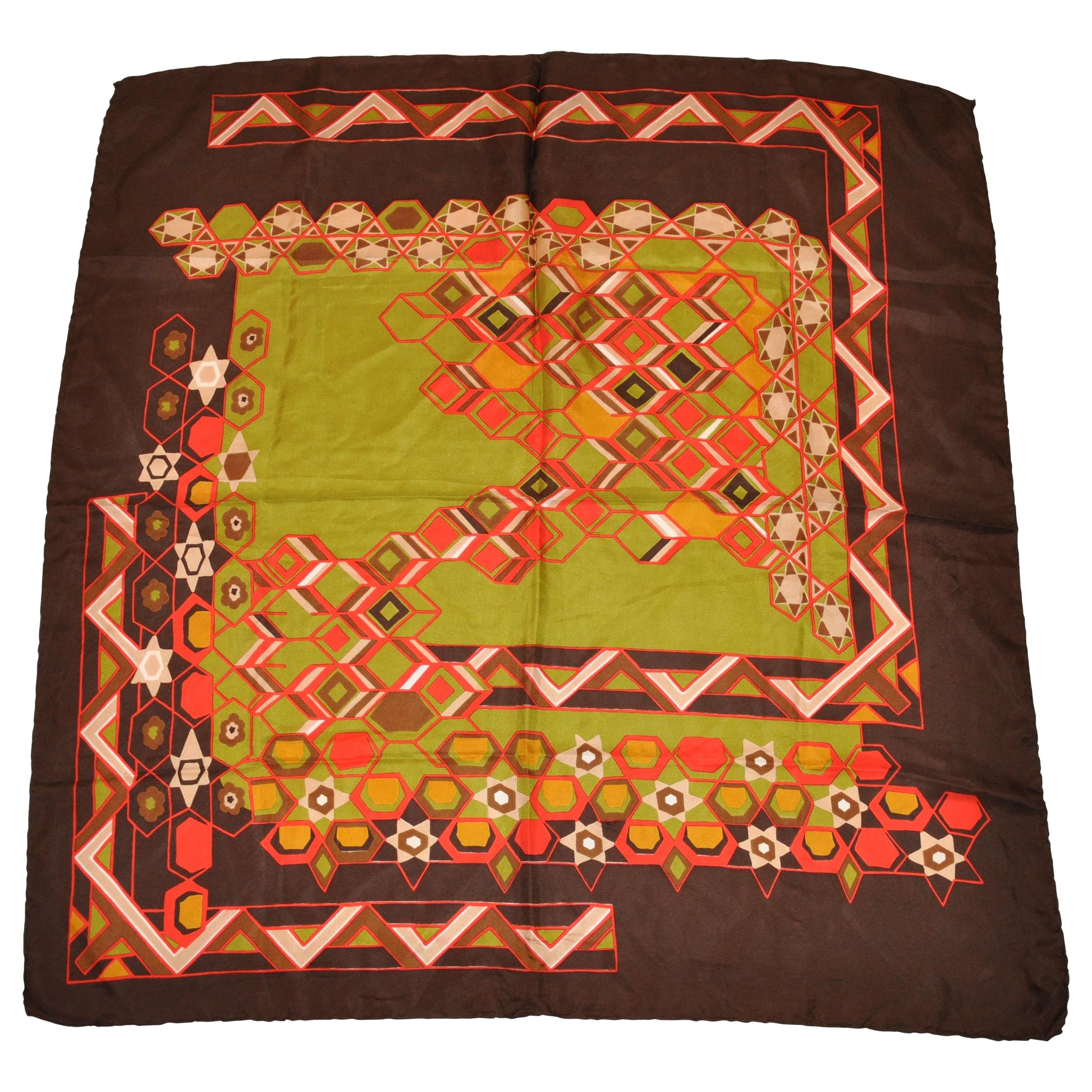 Multi Autumn Hues Abstract with Warm Brown Border Silk Scarf For Sale