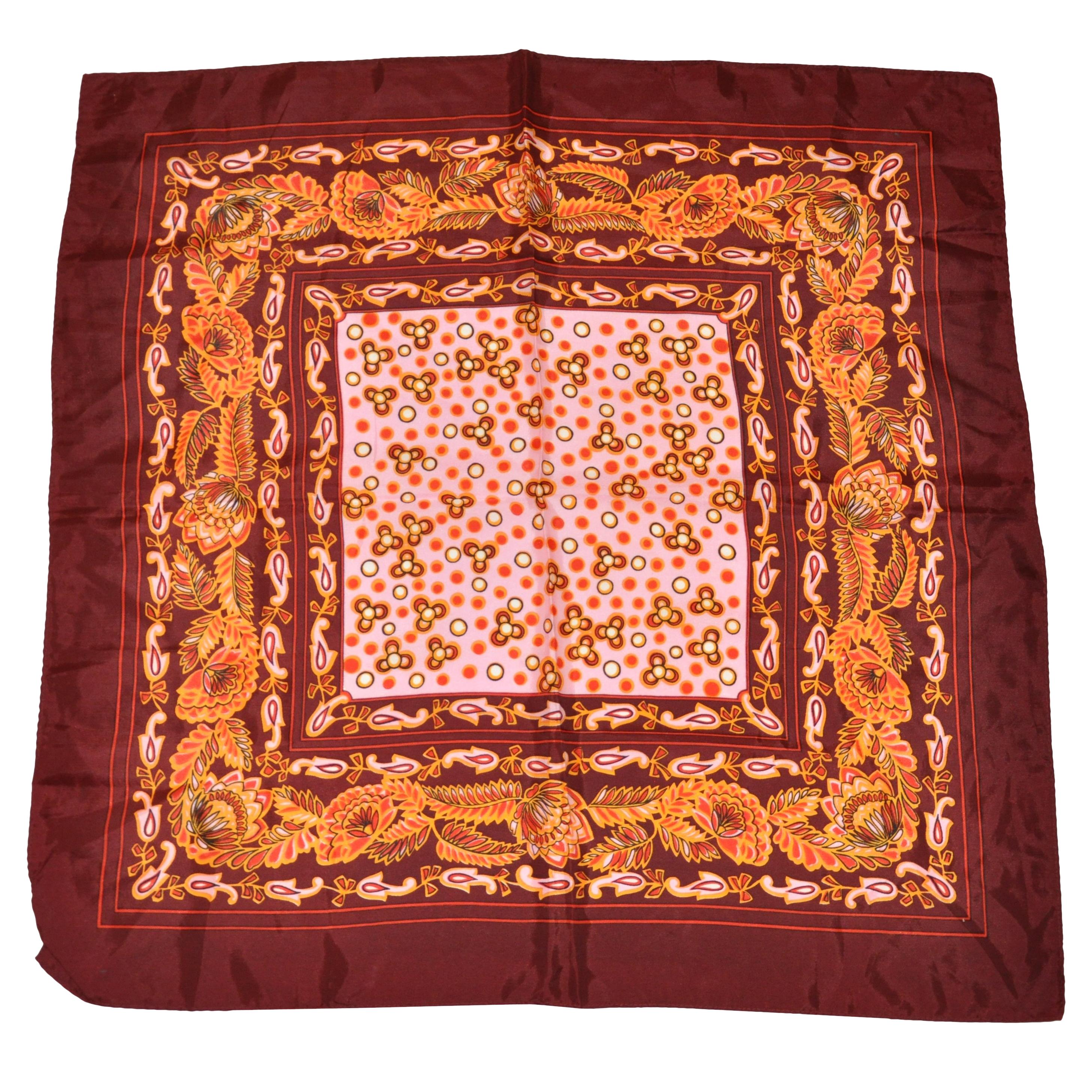 Bold Multi-Color "Mod Florals" With Rich Autumn Brown Borders Scarf For Sale