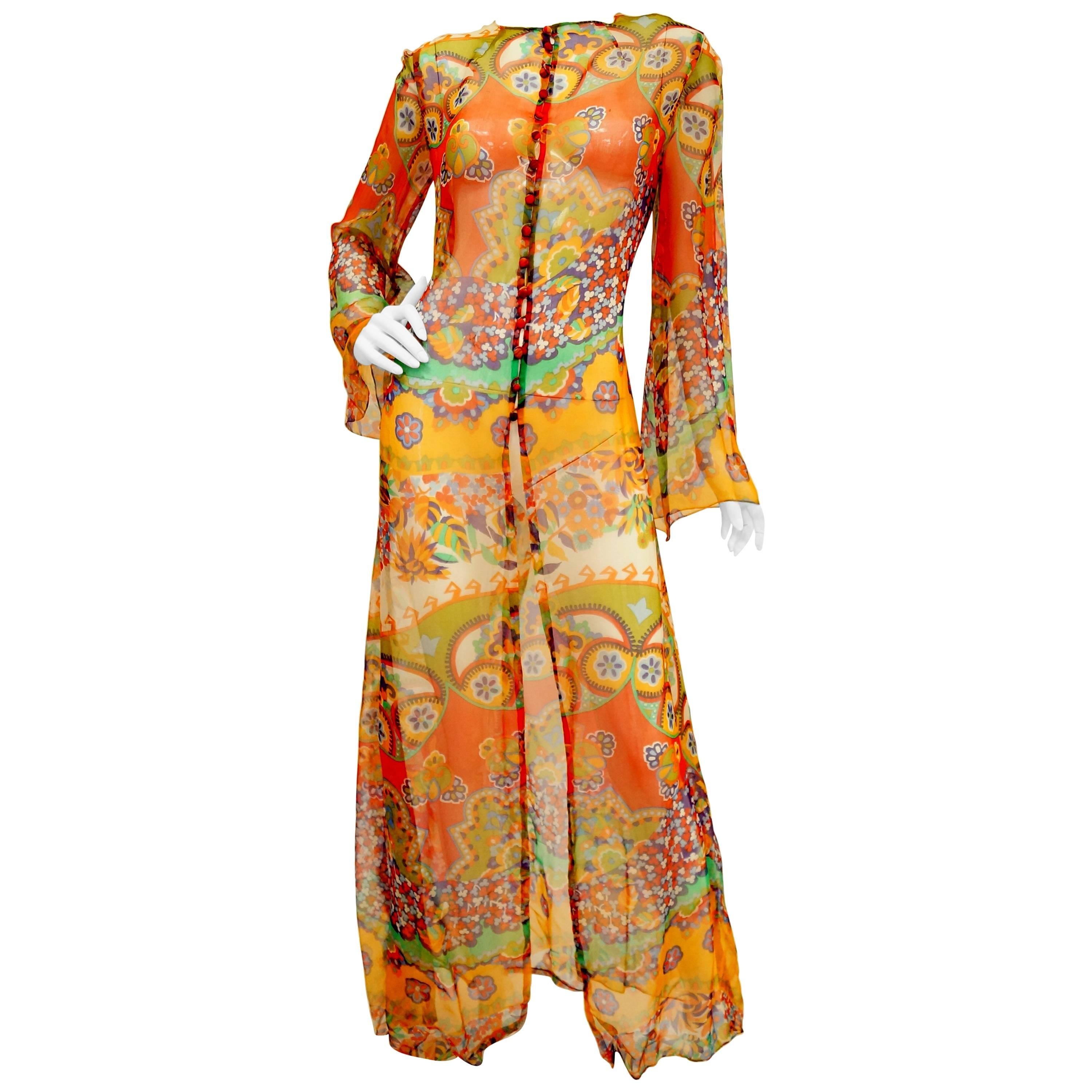 1970s Sheer Polychrome Psychedelic Floral Boho Caftan/Tunic /Cover Up