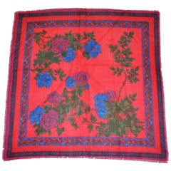 Warm Shades of Reds with Burgundy Border Challis-Blend Floral Fringe Scarf