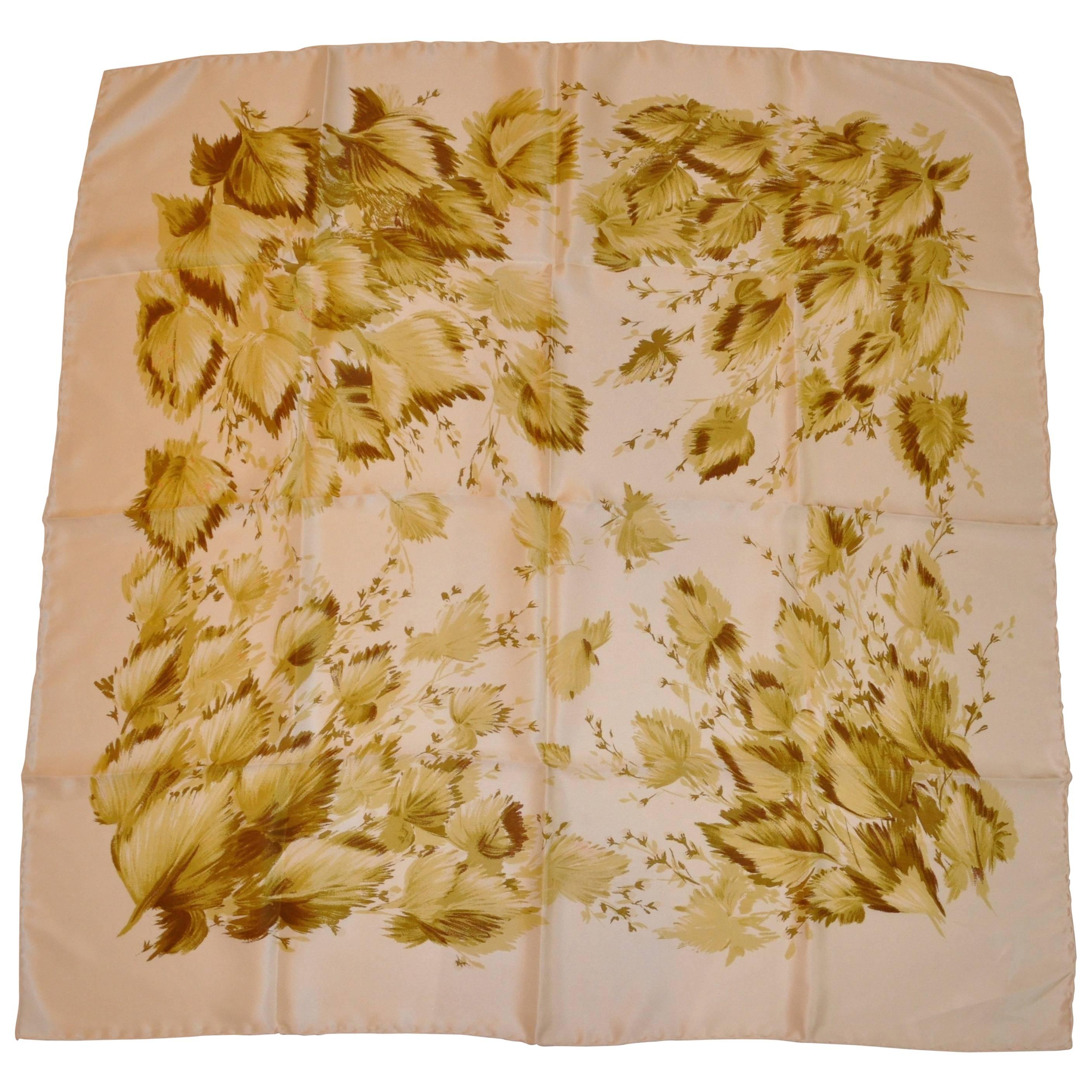 Polished Ivory and Shades of Olive & Greens Floral Silk Scarf For Sale