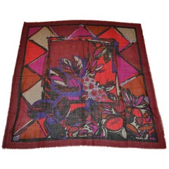 Vintage Huge Beautiful Shades of Burgundy & Violets "Floral Portrait" Wool Challis Scarf