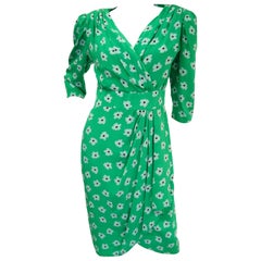 1980s Nina Ricci Green Floral Silk Dress