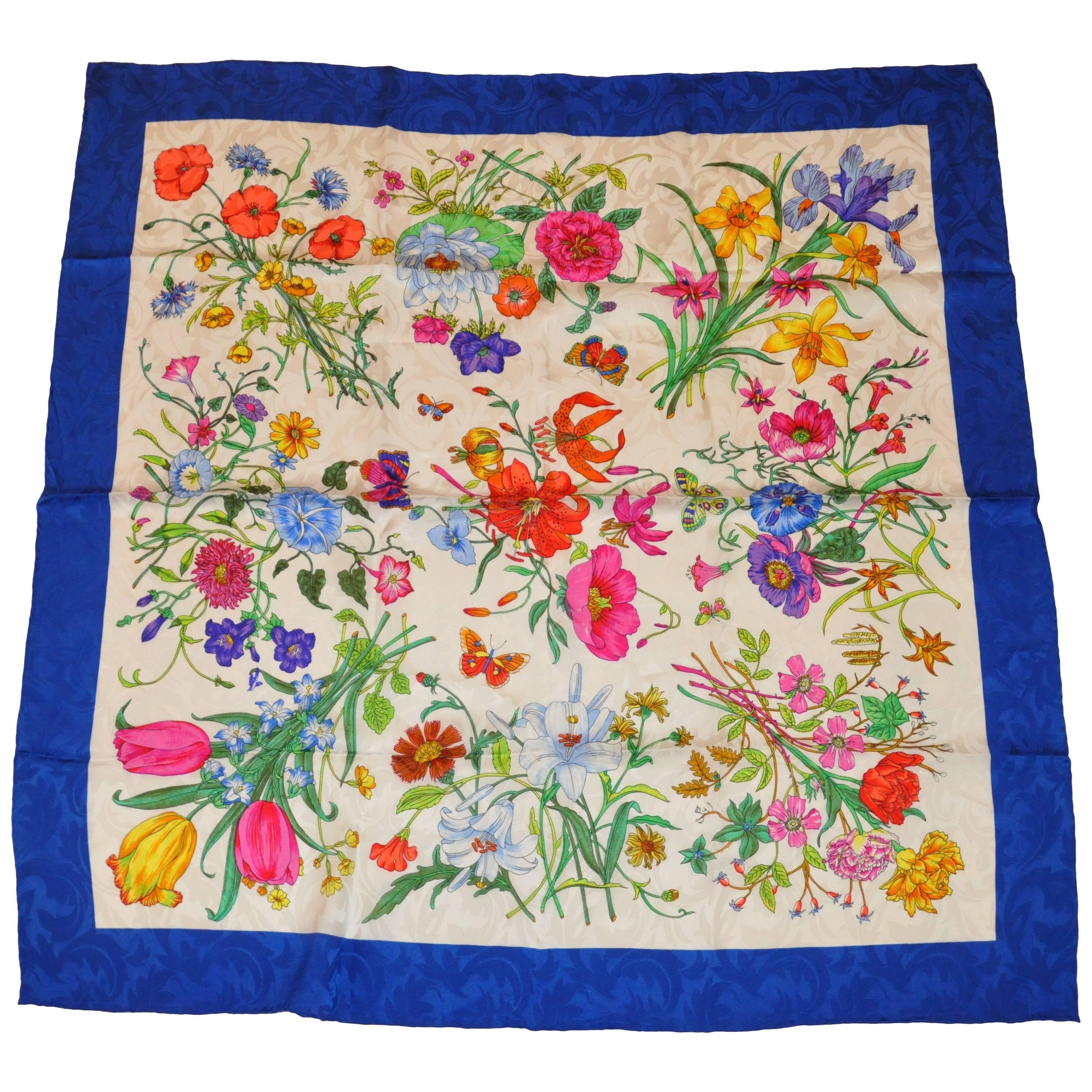 Gucci Signature Multi-Floral with Lapis Border Silk Crepe de Chine Scarf For Sale