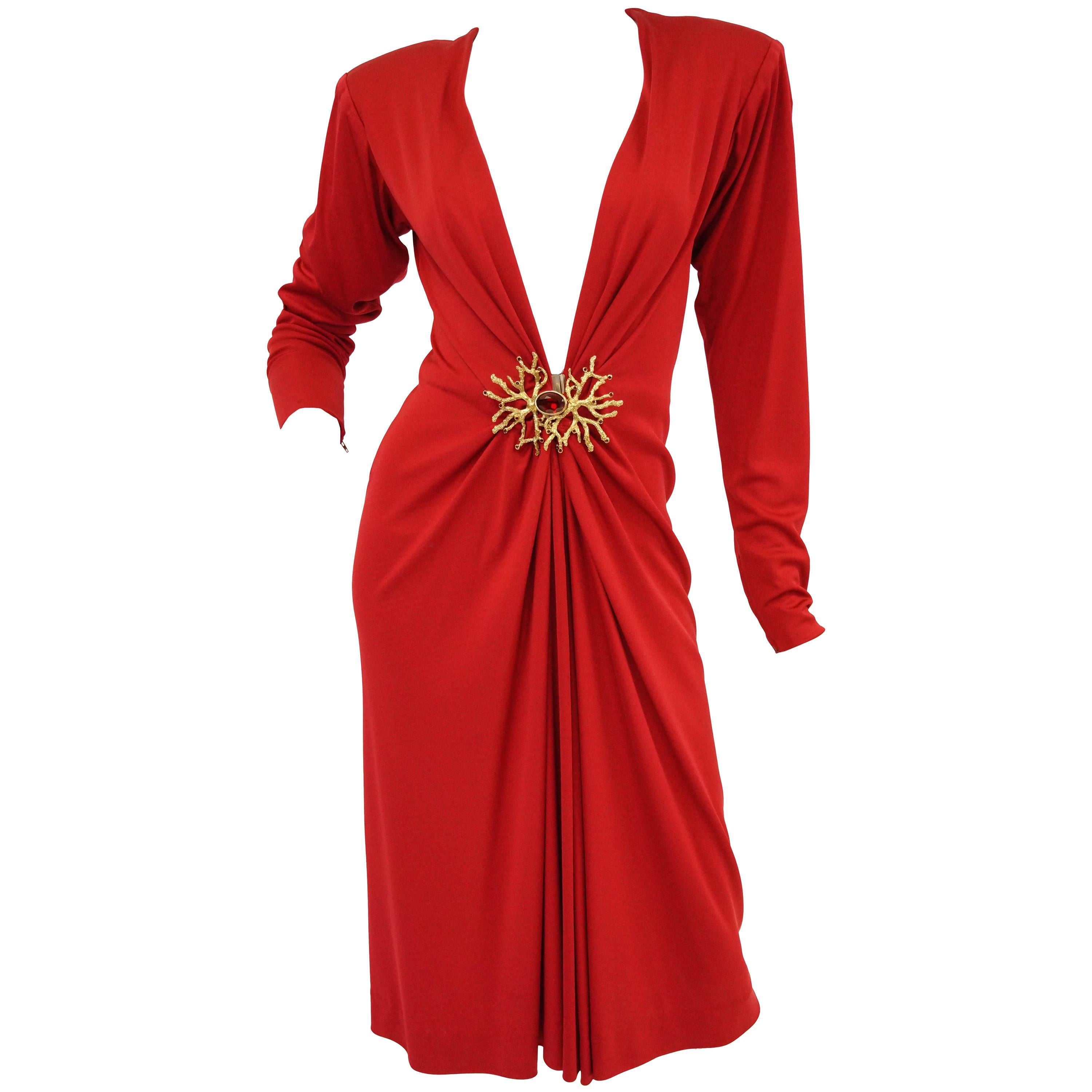 Yves Saint Laurent Silk Jersey Red Plunge Front Dress, 1980s