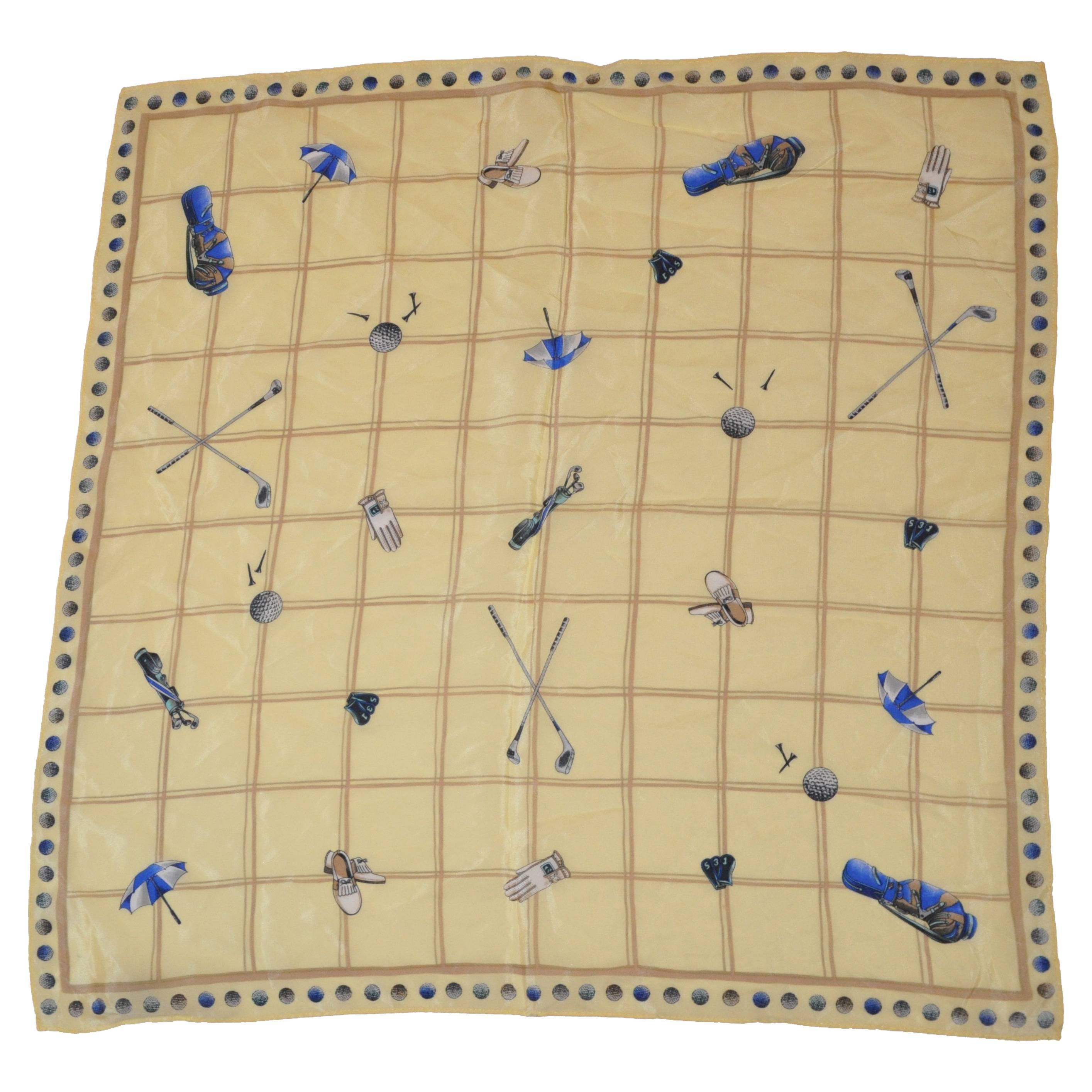 "Let's Play Golf" Yellow & Beige Silk Scarf For Sale