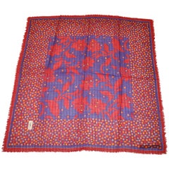 Yves Saint Laurent Red & Lapis Floral with Multi Color Border Wool Challis Scarf