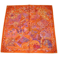 Hermes Magnificently Vivid Shades of Tangerines & Violets Silk Jacquard Scarf