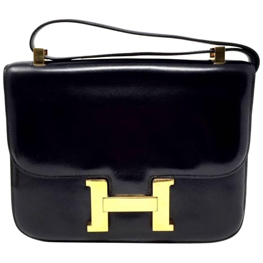 Hermes Paris Vintage Black Box Leather Constance Bag, 1976