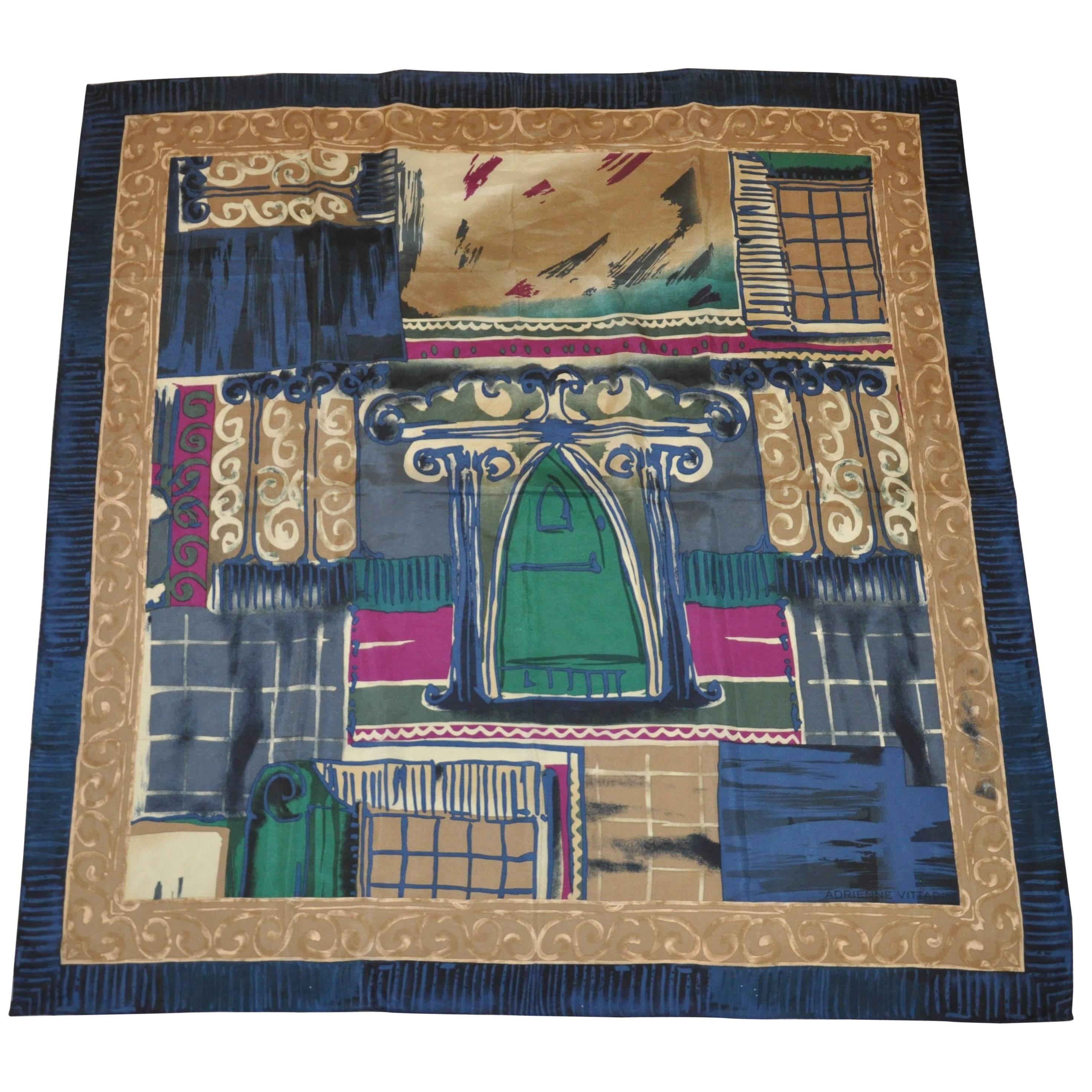 "Italian Facade" with Shades of Navy and Blue Border Silk Scarf For Sale