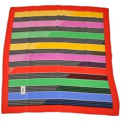 Vintage Yves Saint Laurent Multi-Color "Striped Rainbows" with Red Border Silk Scarf