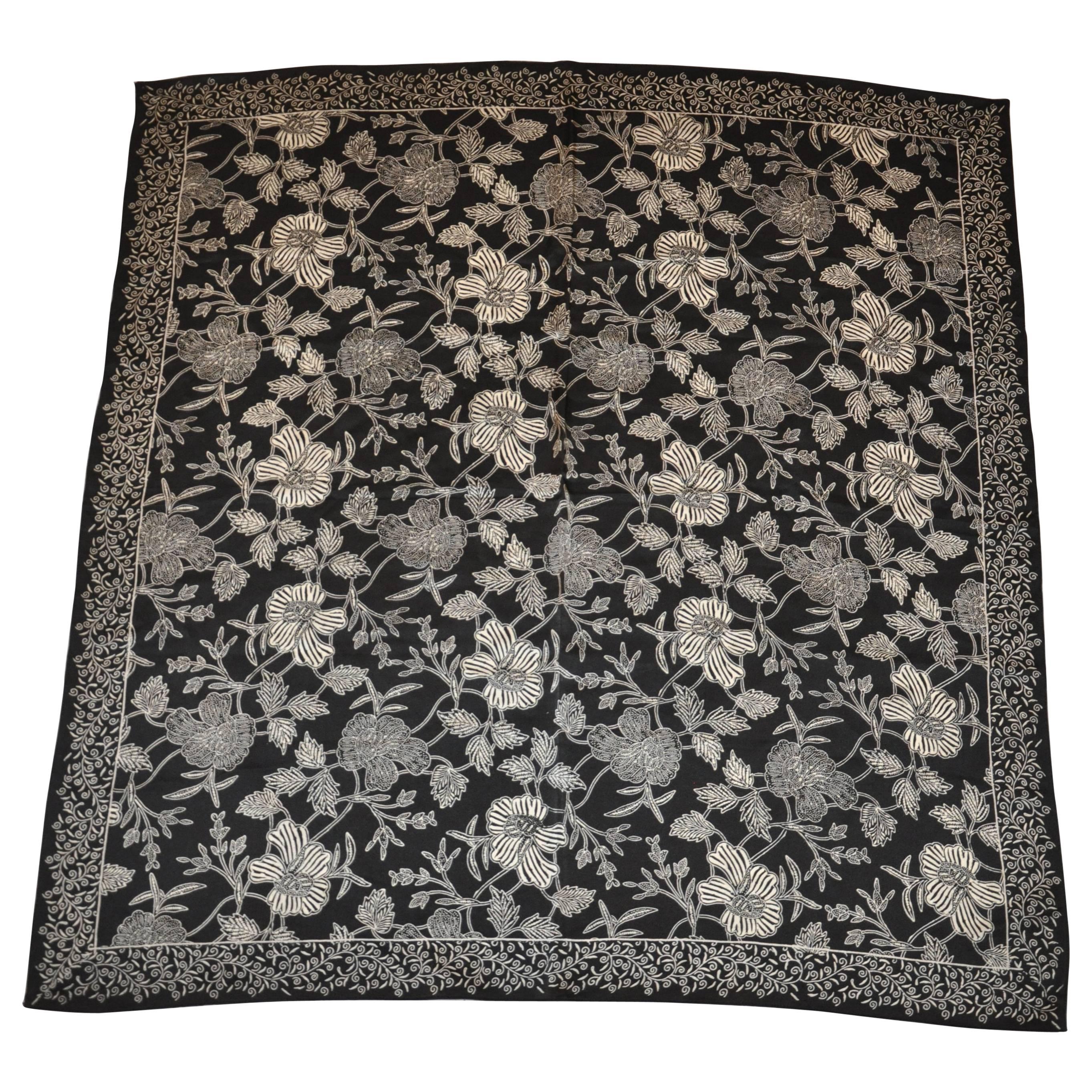 Black & Ivory Multi "Floral & Leaves" Silk Scarf For Sale