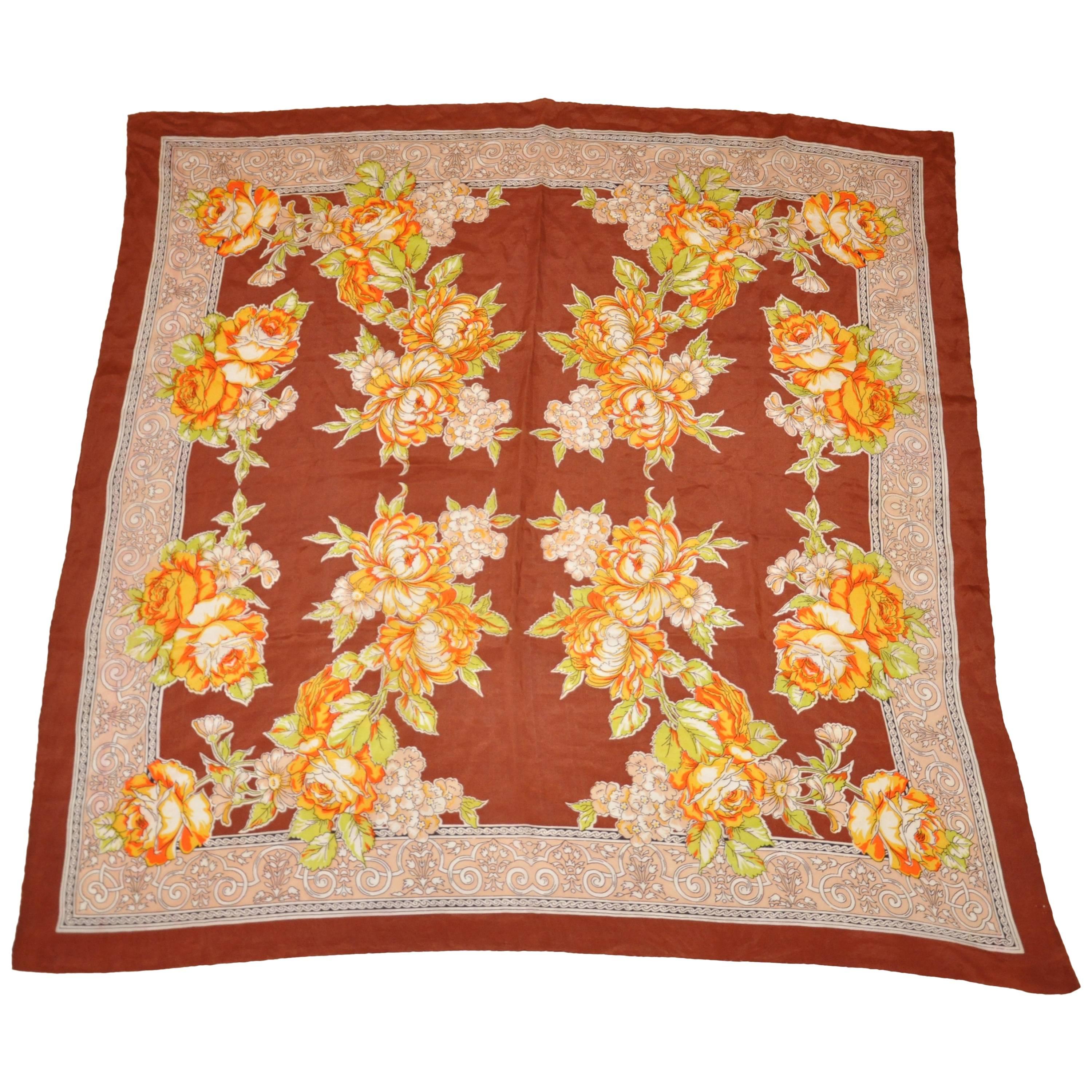 Bursting Shades of Tangerine & Yellow Floral Silk Scarf For Sale