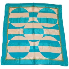 Retro Adrienne Vittadini Bold Turquoise & Ivory Silk Chiffon "Circles & Stripe" Scarf