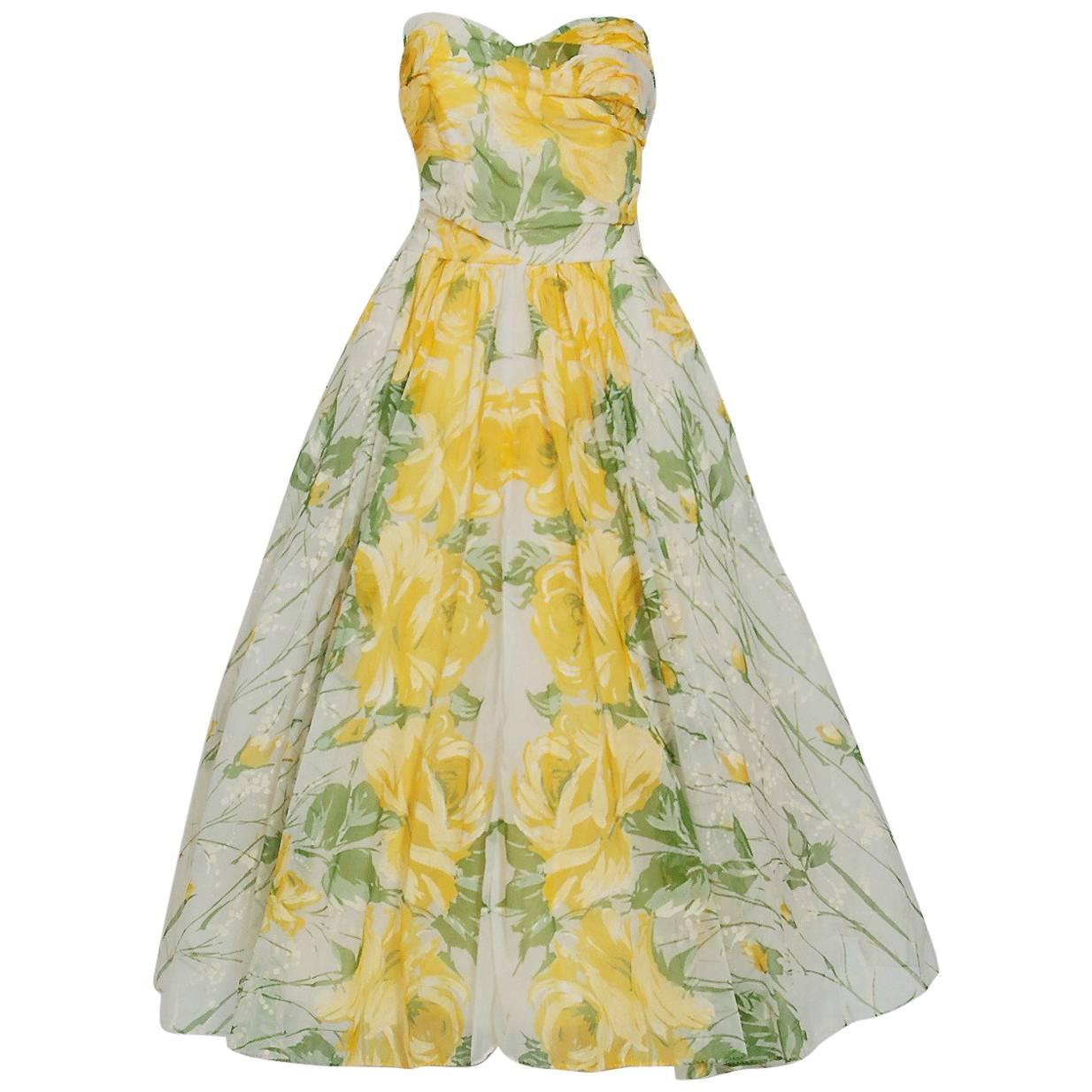 1950's Emma Domb Yellow Roses Floral Print Chiffon Strapless Full Skirt Dress
