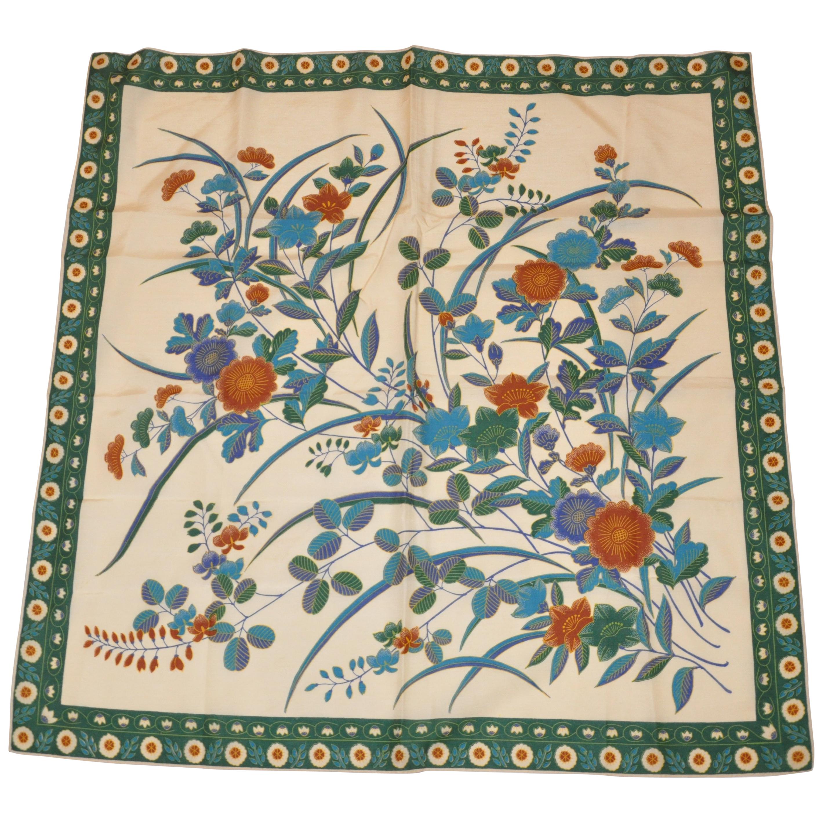 Beige with Multi-Color Floral Center & Green Floral Border Silk Scarf