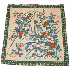 Beige with Multi-Color Floral Center 
Green Floral Border Silk Scarf
