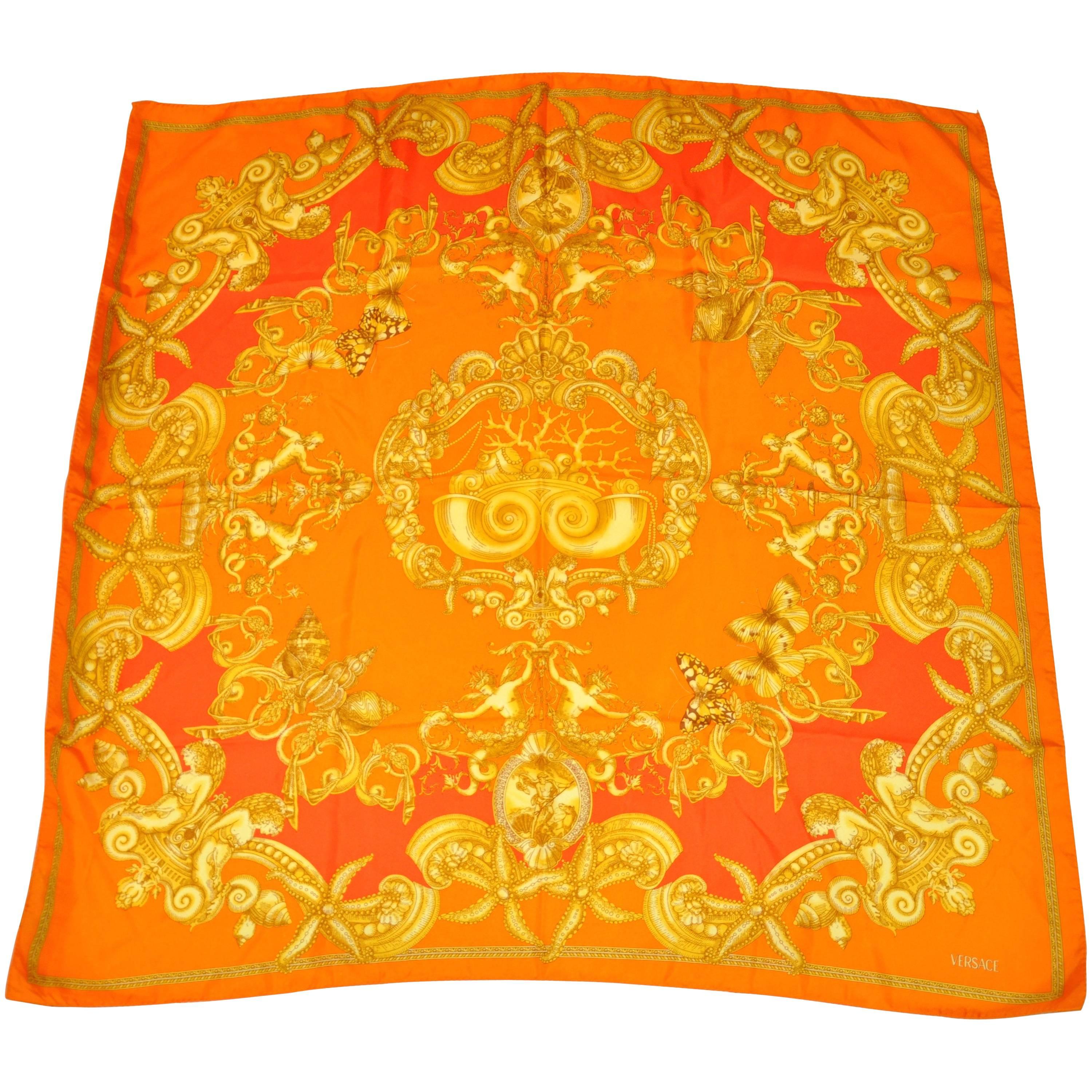 Gianni Versace Bold and Vivid Shades of Tangerines and Gold Silk Scarf