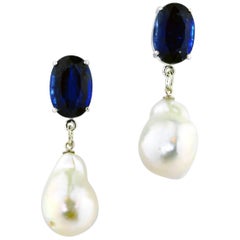 AJD Elegant Glowing Blue Kyanite & Baroque Pearl Drop 1.73" Silver Earrings
